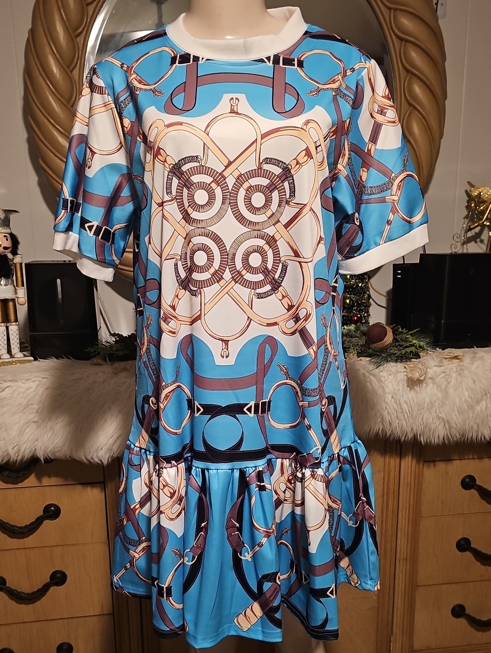 Blue Patterned Short Sleeve Drop-Waist Dress One Size